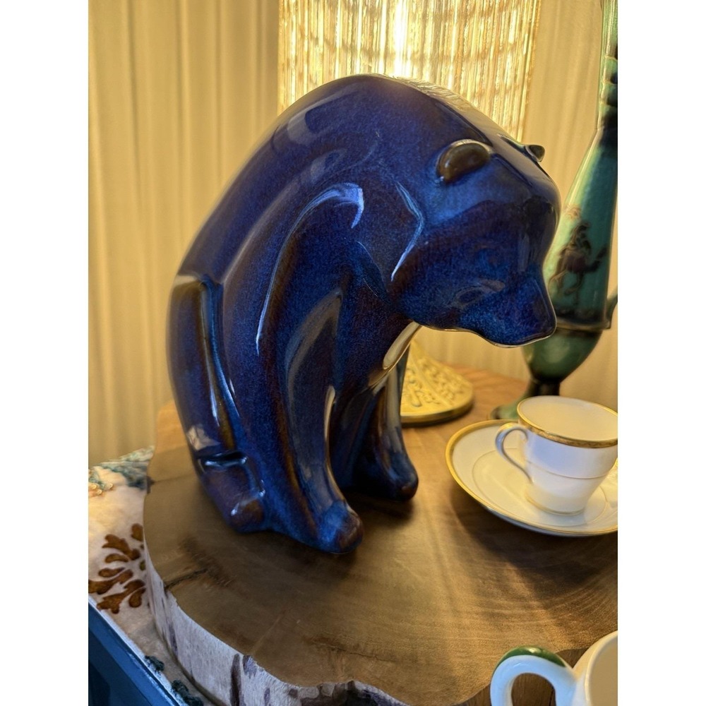 Scandinavian Vintage Blue Brown Drip Glaze Ceramic Bear Figurine Art Sculpture - Picture 5 of 11